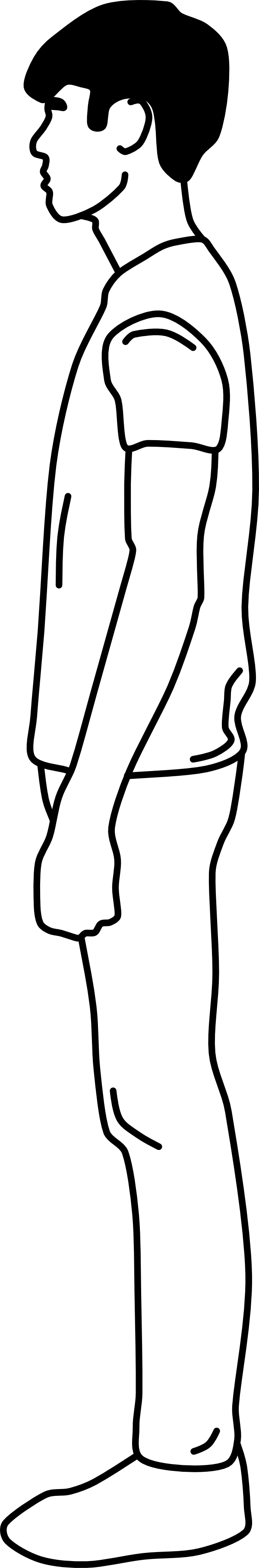 Black and white vector line drawing showing a side profile view of a young man with short dark hair standing straight in a t-shirt and trousers.
