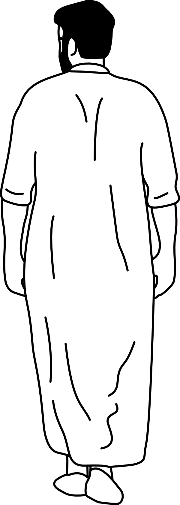 Flat line illustration from behind of a bearded man in traditional South Asian attire, wearing a long kurta shirt and a folded lungi cloth.